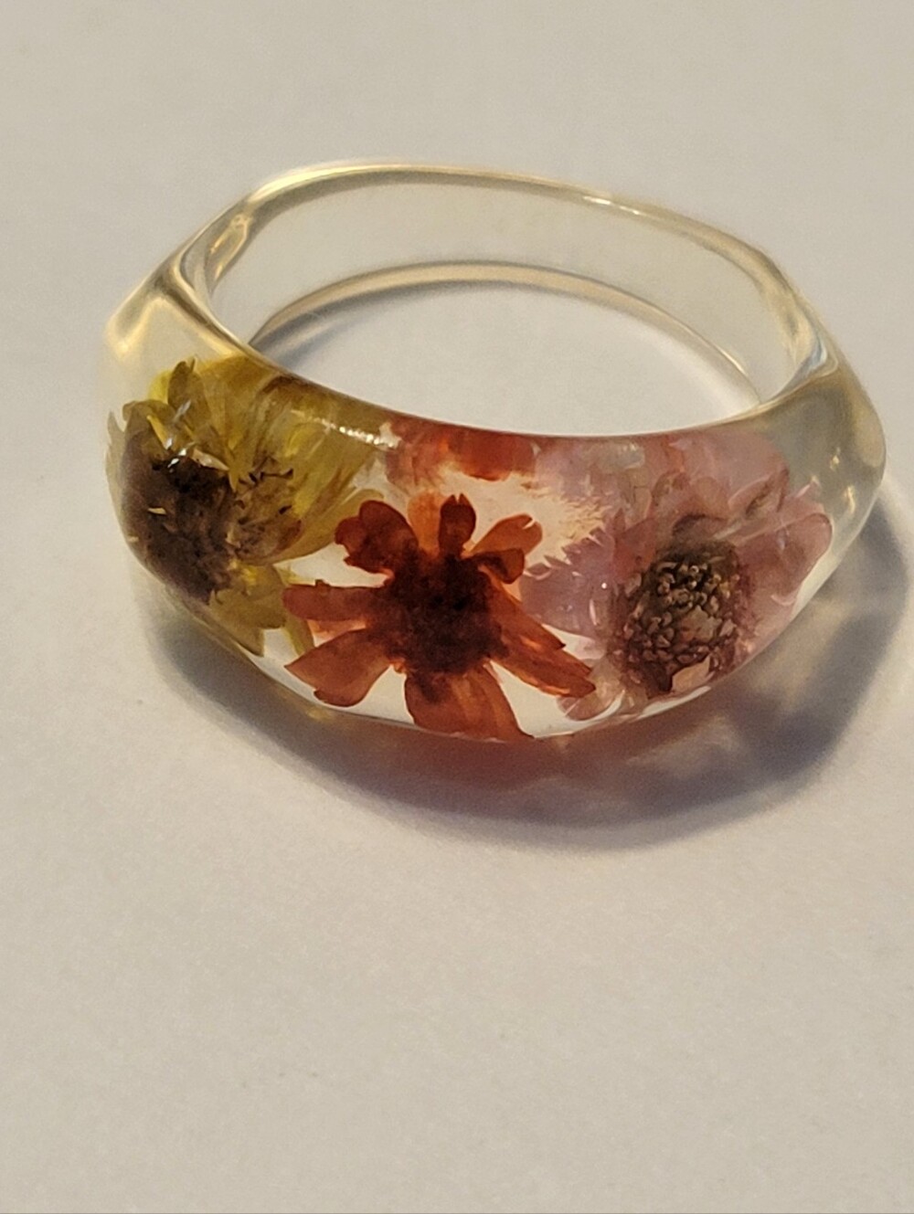 Floral Resin Ring with Pink, Orange and Yellow Flowers Size 7.5